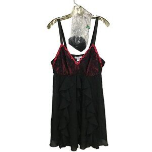 Vintage Fashion Bug Black Red Ruffle Lace Hipster Coquette Cami Slip Dress 1X